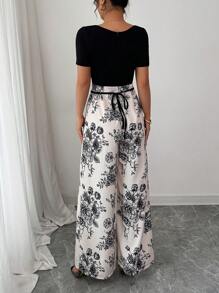 Vaclyn Summer Vacation Elegant Square Neck Short Sleeve Slim Top, Floral Patchwork Color Blocking Wide Leg Pants With Cross Tie Strap Romper For Women