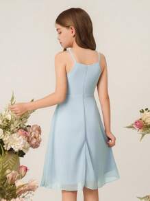 Elegant Simple & Fashion Sleeveless High Waist Mid-Length Blue Tone Casual Dress For Tween Girl, Summer Wedding Junior Bridesmaid Dress