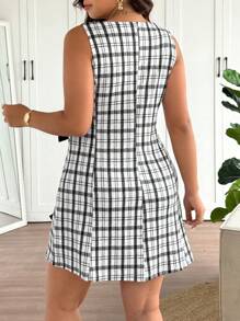 SHEIN Frenchy 大码女式格子印花连衣裙，侧蝴蝶结装饰，优雅时尚的设计，圆领休闲日常可爱连衣裙