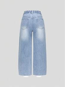 Tween Girls Fashion Light Blue Washed Denim Butterfly Rhinestone Embellished Loose Wide Leg Casual Elastic Waist Jeans - Light Wash - View 2