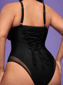 SHEIN Swim Curve 25pcs Functional Plus Size Mesh Patchwork One-Piece Swimsuit For Summer Beach Vacation - Black - View 5