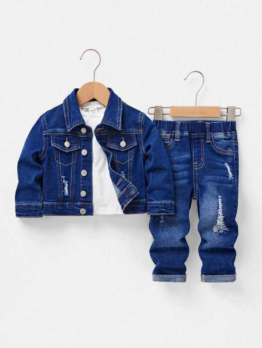 SHEIN Bộ 2 món/bộ quần áo denim dài tay ve rách rách đơn giản cho bé trai và quần jeans bó màu xanh co giãn cao rách rách, đa năng cho trang phục mùa thu và mặc ngoài trời - Rửa tối - Xem 1