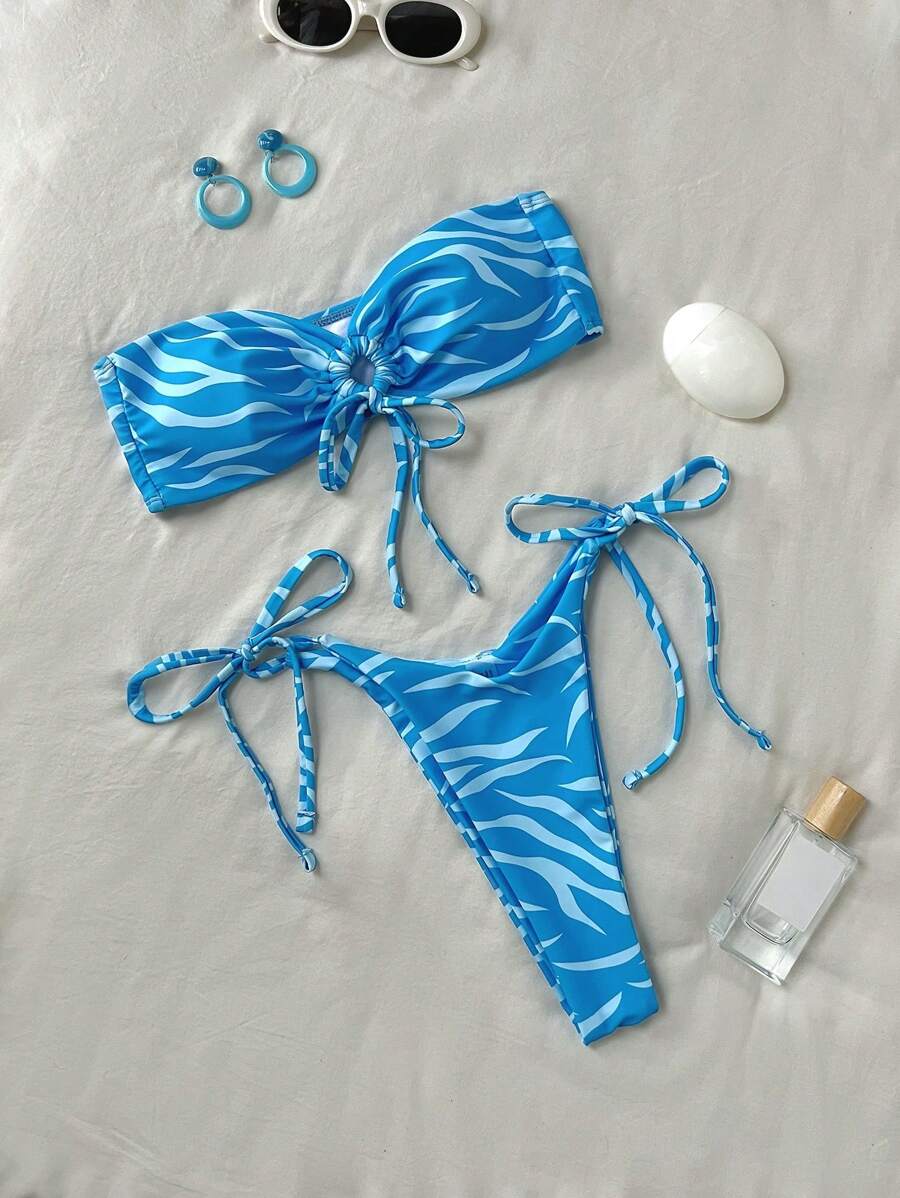 Swim Vcay 2pcs Women's Vacation Beach Party Blue Twist Bandeau Bikini Swimsuit Set, Spring/Summer - Blue - View 1