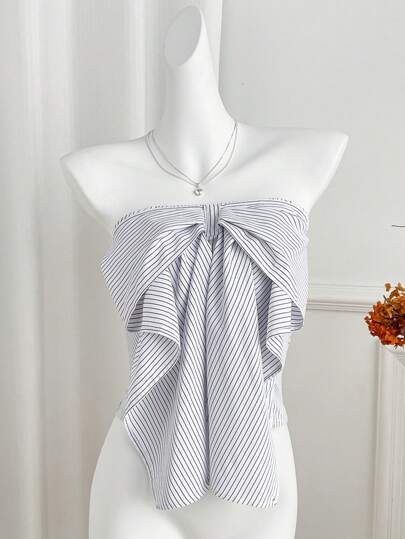 Sweetra 春夏蝴蝶结条纹修身无袖短款露肩休闲衬衫