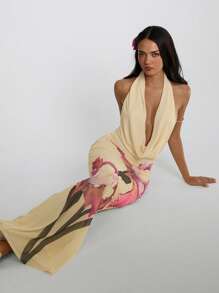 Aloruh Women's Sexy Backless Halter Dress With Floral Print Maxi Dress Women Summer Dress Women Summer Outfits For Women Vacation Outfits Woman Butter Yellow Dress Butter Yellow Dress