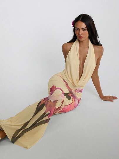Aloruh Women's Sexy Backless Halter Dress With Floral Print Maxi Dress Women Summer Dress Women Summer Outfits For Women Vacation Outfits Woman Butter Yellow Dress Butter Yellow Dress