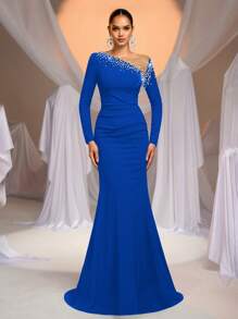Aureia Elegant Luxurious Rhinestone & Bubble Bead Design Long Sleeve Ruched Mermaid Maxi Dress, Suitable For Wedding, Party, Dating, Ball Gown, Evening Dress (High-End), Formal, For Wedding Guest - Royal Blue - View 3