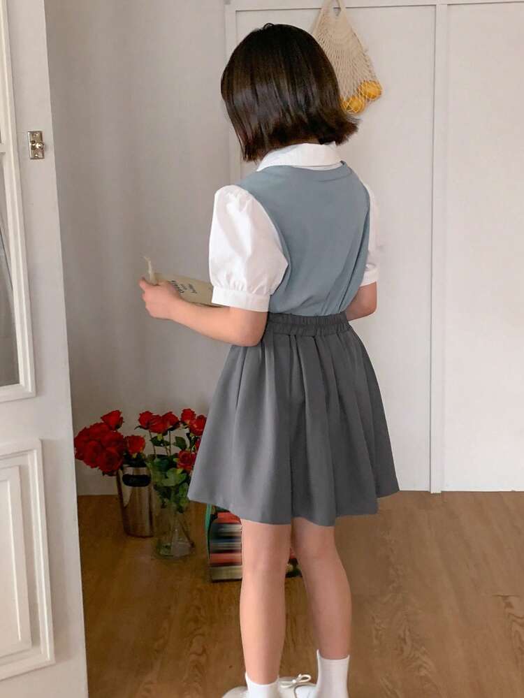 Tween Girl Minimalist Style Short Sleeve Top And Skirt 2 Pieces Set, Suitable For Summer,Back To School Clothes