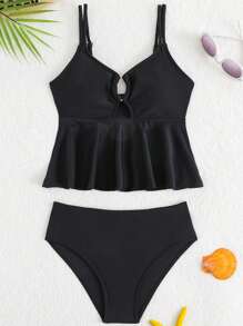 Tween Girl Spaghetti Strap Tankini Swimwear Set, New Black Solid Classic Simple Design With Front Hollow Rings, Ruffled Hem, Adjustable Straps, Suitable For Swimming And Beach Vacation - Black - View 10