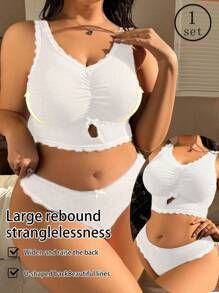 Set de 2 piezas Sujetador inalámbrico y conjunto de bragas con encaje contrastante, talla grande, cómodo