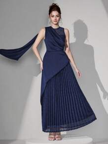 Poshira Vestido de noche elegante de mujer con contraste de tela y encaje en la cintura, vestido de fiesta para invitados de boda - Azul Marino - Ver 1