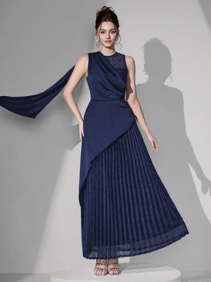 Poshira Vestido de noche elegante de mujer con contraste de tela y encaje en la cintura, vestido de fiesta para invitados de boda - Azul Marino - Ver 1