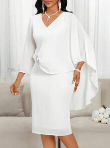 SHEIN Lady Women's Chiffon Brooch Detail Pencil Dress Wedding - White - View 4