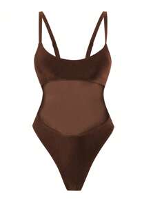 Swim SXY 女士纯色肩带网眼拼接性感镂空连体泳衣，春假和节日波西米亚风