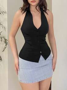 EgrlEra 女士性感纯色露背挂脖修身衬衫，夏季 - 黑色 - 查看 5