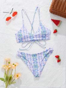 Swim Mod 1pc Simple & Fashionable Wireless Bikini Swimwear, Suitable For Summer - Multicolor - View 1