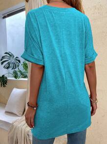 SHEIN LUNE Casual Solid Color Batwing Sleeve Side Slit T-Shirt, Spring/Summer - Blue - View 2