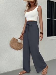 Solid Color Paper Bag Waist Drawstring Pockets Casual Pants - Dark Grey - View 3