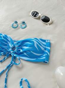 Swim Vcay 2pcs Women's Vacation Beach Party Blue Twist Bandeau Bikini Swimsuit Set, Spring/Summer - Blue - View 3