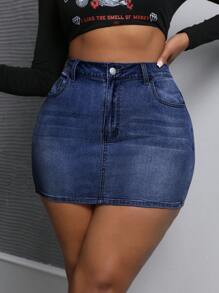 Slaydiva Plus Size Summer Denim Skirt With Button Front And Side Pockets - Dark Wash - View 5