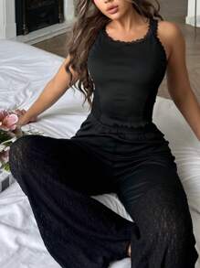 Lace Patchwork Camisole & Romper Women Pajama Set - Black - View 6