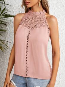 SHEIN Clasi Blusa de mujer casual de color liso con aplicaciones de encaje en el cuello halter para vacaciones