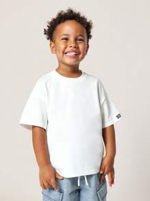 SUMWON 休闲儿童基本款 T 恤基本款夏季圆领运动棉混纺透气休闲上衣学校日常穿着休闲舒适 - 白色 - 查看 3