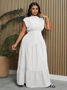 Slaydiva Plus Size Women's Elegant Cocktail Party Vacation V-Neck Sleeveless Solid Color Asymmetrical Cutout Patchwork Thin Long Dress, Spring/Autumn - White - View 4