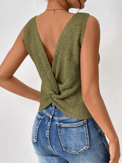 SHEIN Frenchy Chaleco de punto de unicolor con detalle de vuelta trenzada, versátil y casual para mujer