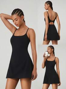 GLOWMODE FeatherFit™-Air Scoop Neck Knotted Mini Dress Quick Dry Moisture Wicking - Black - View 9