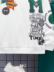 SHEIN Tween Boys' Casual Letter Print Round Neck Sweatshirt And Solid Color Thermal Lined Jogger Pants 2 Pieces Set, Thickened