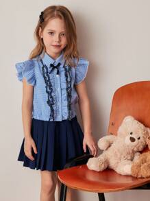 PrepCrw Young Girls Spring/Summer Gingham Sleeveless Shirt With Ruffle Detail And Pleated Skirt Coordinated Set - Multicolor - View 6