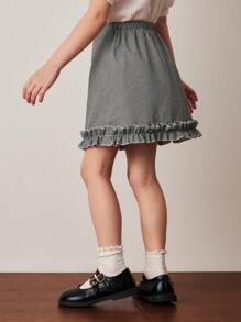 PrepCrw Young Girls' Academy Style Black & White Houndstooth Print Ruffle Hem Mini Skirt, Spring/Summer - Black and White - View 7