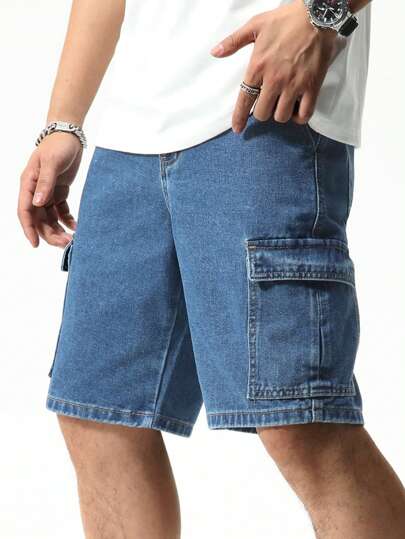 Manfinity EZcore Plus Size Men's Casual Loose Cargo Pocket Denim Shorts Tropical Street Hang Out