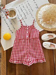 SHEIN Babygirl 可爱红色格子吊带背心连体衣，休闲夏季 - 紅白色 - 查看 6