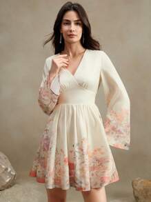 Anewsta 优雅花卉印花 V 领系腰喇叭袖节日派对礼服，适合情人节、新年、度假、波西米亚风、春季服装 - 橘色 - 查看 6