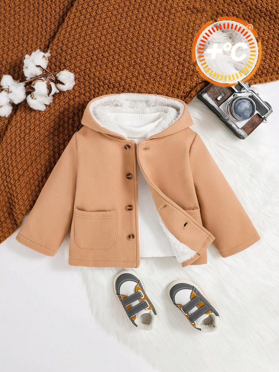 SHEIN Đứa bé trai Túi Kép Lót Teddy Áo trùm đầu - Màu Khaki - Xem 1