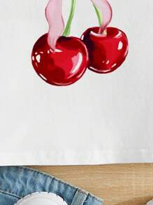 SHEIN 年轻女孩可爱甜美蝴蝶结和樱桃印花休闲简约卡通图案无袖圆领背心，适合夏季