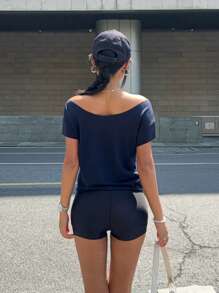 INAWLY Women's Letter Print Off-Shoulder Short Sleeve T-Shirt - Navy Blue - View 2