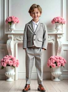 SHEIN 2pcs Gentleman Style Set For Toddler Boys - Gray Striped Plaid Woven Jacket & Pants, Exhibiting Young Gentleman Elegance & Taste. This Gray Striped Plaid Tailored 2 Pieces Suit For Young Boys Combines Classic British Gentleman Style With Modern Fashion Elements, Providing A Unique Dressing Experience For Young Boys. Suitable For Wedding, Wedding Guest, Ring Bearer, Page Boy