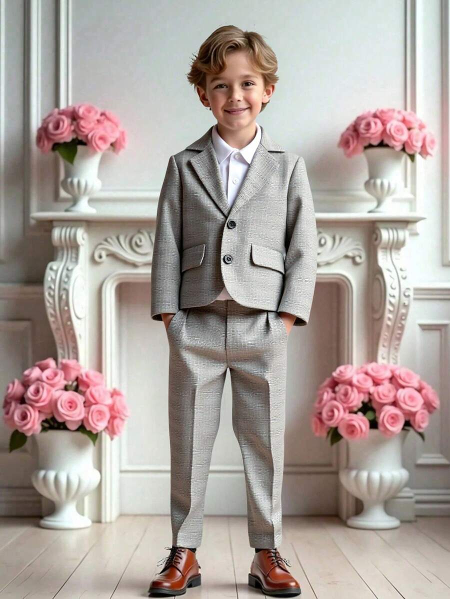 SHEIN 2pcs Gentleman Style Set For Toddler Boys - Gray Striped Plaid Woven Jacket & Pants, Exhibiting Young Gentleman Elegance & Taste. This Gray Striped Plaid Tailored 2 Pieces Suit For Young Boys Combines Classic British Gentleman Style With Modern Fashion Elements, Providing A Unique Dressing Experience For Young Boys. Suitable For Wedding, Wedding Guest, Ring Bearer, Page Boy