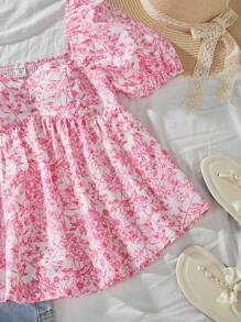 Teens' Girl Tiered Puff Sleeve Button Down Shirt With Printed Pattern