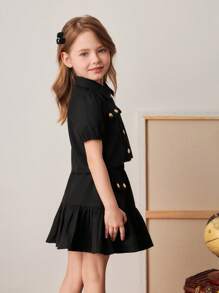 PrepCrw Young Girls' Black Puff Sleeve Shirt & Mini Skirt Set, College Style, Spring/Summer - Black - View 7