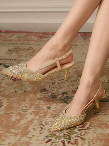 CUCCOO TILAWA Women's Pointed Toe High Heel Rhinestone Wedding Shoes, Gold Closed Toe Party Formal Heels - Gold - View 5