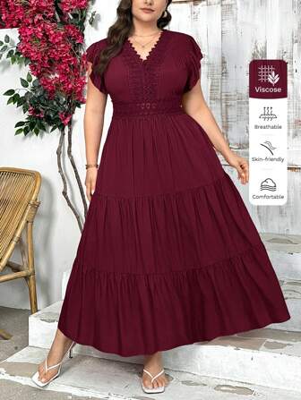 SHEIN Privé Vestido midi de línea A holgado de manga corta con cuello en V, de talla grande, con patchwork de encaje elegante