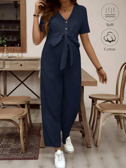 SHEIN 孕妇休闲纯色短袖连体裤，夏季