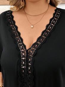 SHEIN CURVE+ Đầm che tay cánh dơi phối ren Guipure cỡ lớn phong cách Boho Holiday - màu đen - Xem 11