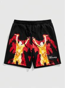 ROMWE MEN Street Life Men's Y2K Retro Silhouette Print Casual Shorts, Suitable For Daily Wear Spring/Summer - Black - View 1