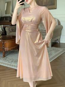 DAZY Đầm midi dài tay xếp ly eo cao thanh lịch mới cho nữ mùa thu - Hồng - Xem 4