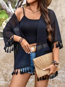 SHEIN LUNE 大码女式夏季波西米亚风黑色薄纱拼接吊坠节日罩衫